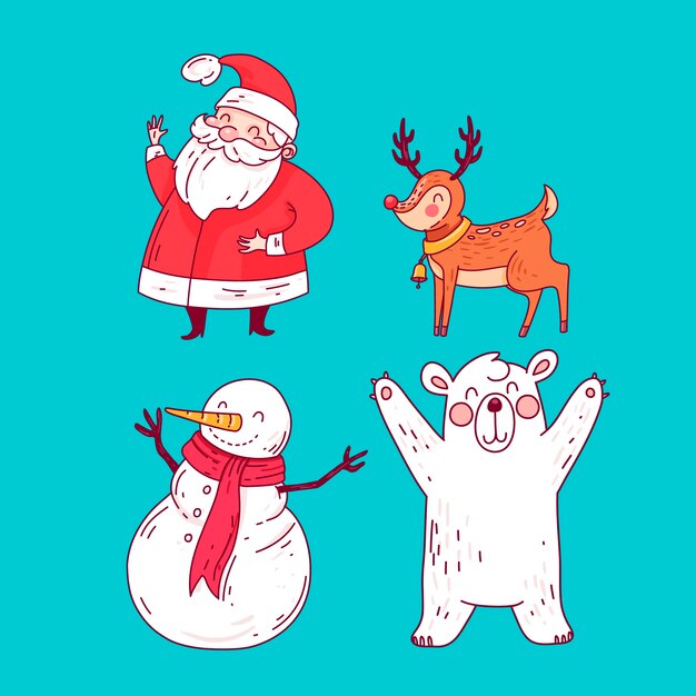 Colección de personajes navideños dibujados a mano