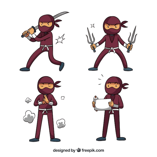 Colección de personajes ninjas en diferentes posturas