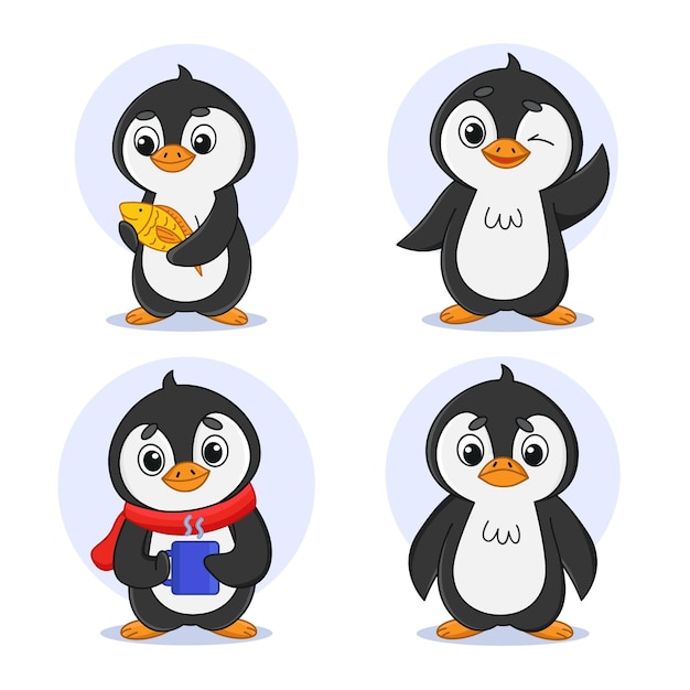 Colección de personajes de pingüinos de dibujos animados que agitan sosteniendo pescado y una taza de té
