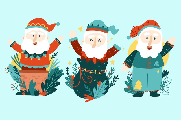 Colección personajes planos santa claus dibujados a mano