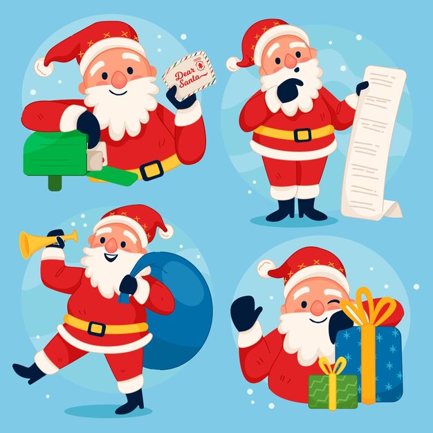 Colección personajes planos santa claus dibujados a mano
