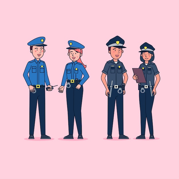 Vector gratuito colección de personajes de policía gran conjunto aislado ilustración plana con uniforme profesional, estilo de dibujos animados.