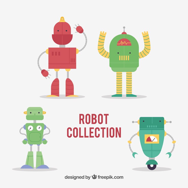 Vector gratuito colección de personajes robot de diseño plano.