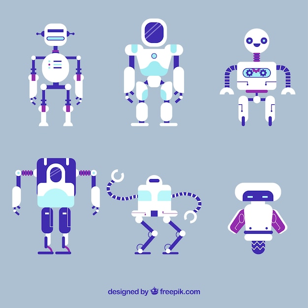 Colección de personajes robot de diseño plano.
