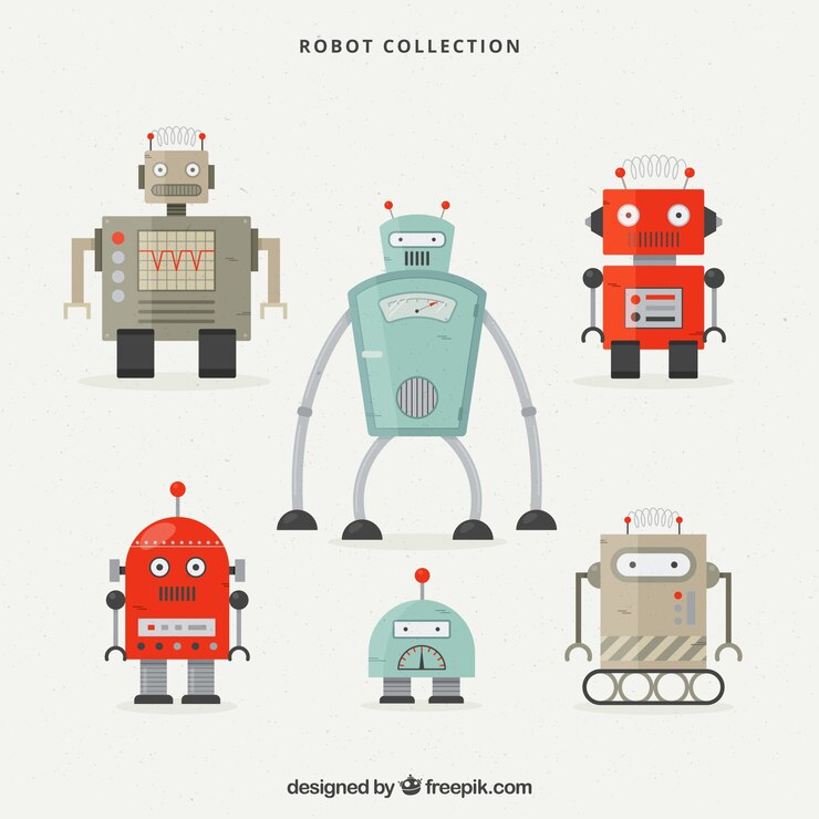 Vector gratuito colección de personajes robot de diseño plano.