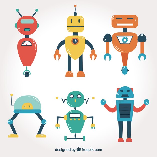 Colección de personajes robot de diseño plano.