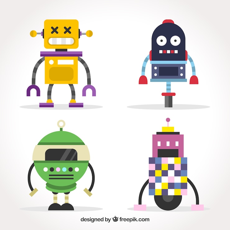 Vector gratuito colección de personajes robot de diseño plano.