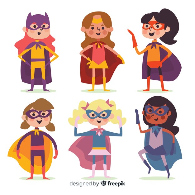Colección de personajes de superhéroes femeninos con diseño plano