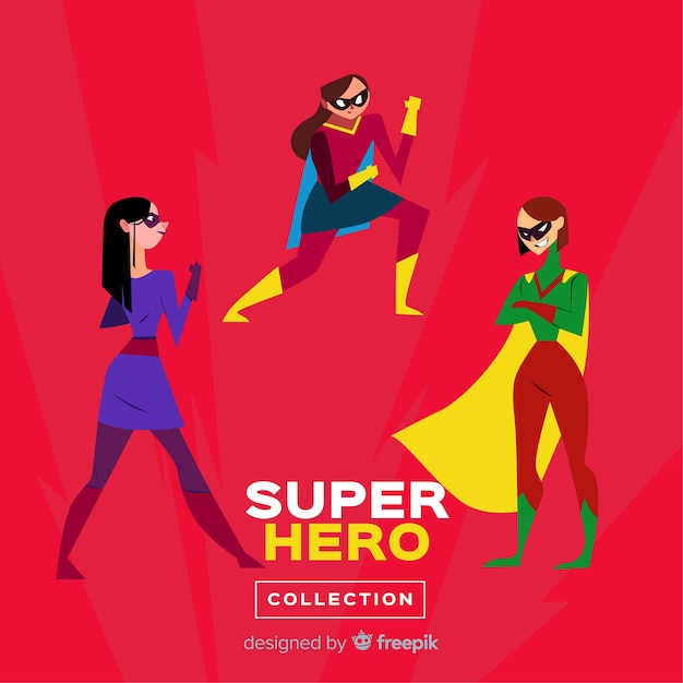 Vector gratuito colección de personajes de superhéroes femeninos con diseño plano