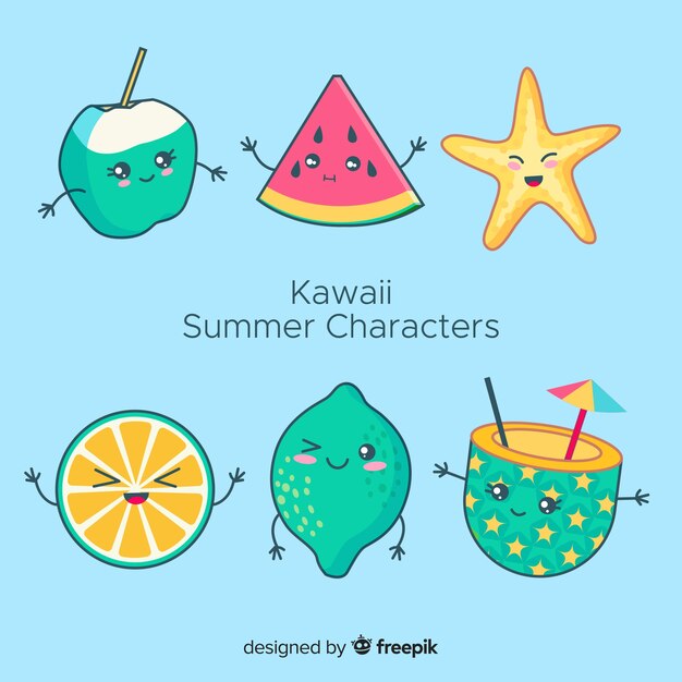 Colección personajes de verano kawaii dibujados a mano