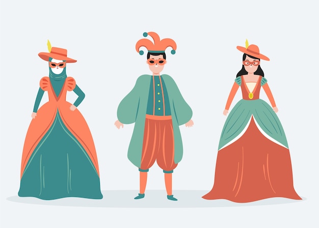 Vector gratuito colección de personajes vestidos con trajes de carnaval italiano