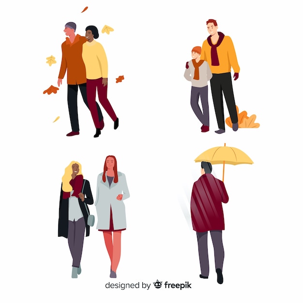 Vector gratuito colección de personas caminando en otoño