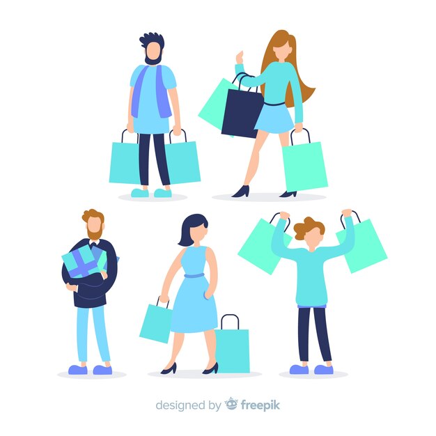 Colección de personas cargando bolsas de la compra.
