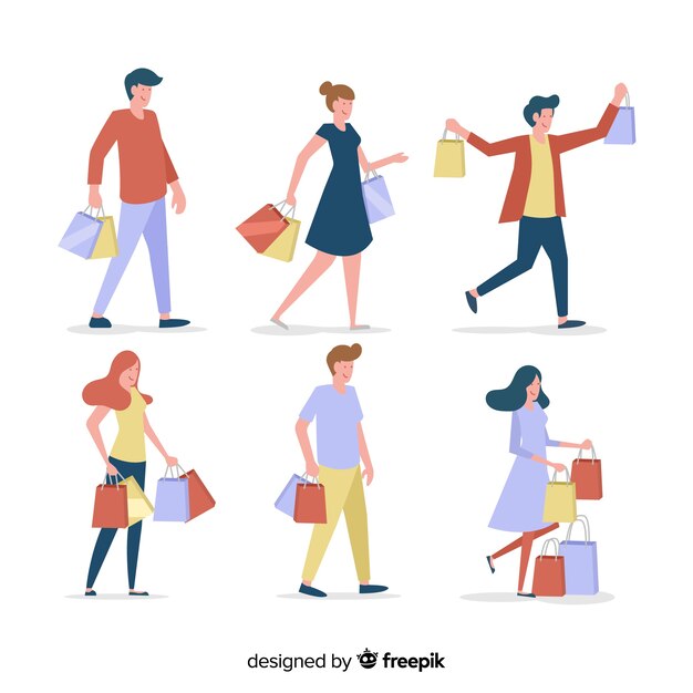 Colección de personas cargando bolsas de la compra.