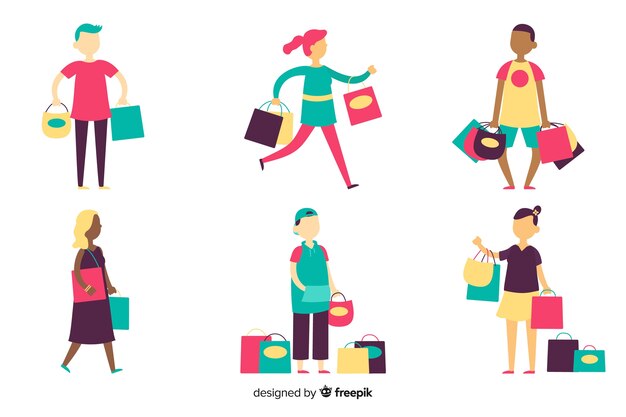 Colección de personas cargando bolsas de la compra.