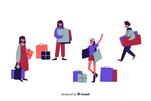 Colección de personas cargando bolsas de la compra.