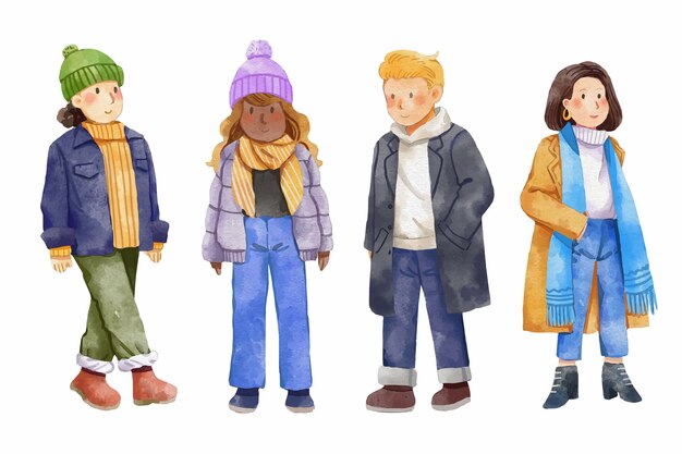 Colección de personas de invierno en acuarela