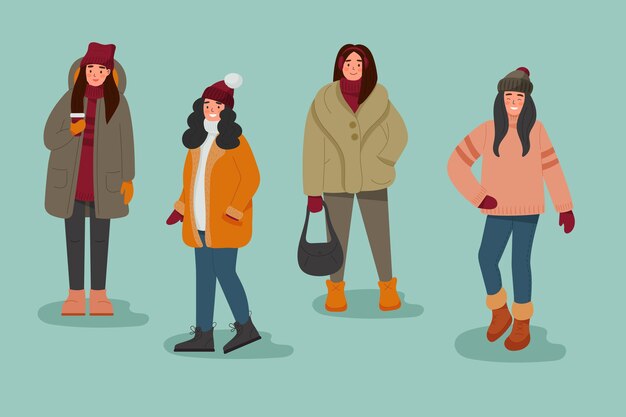 Colección de personas con ropa acogedora en invierno.