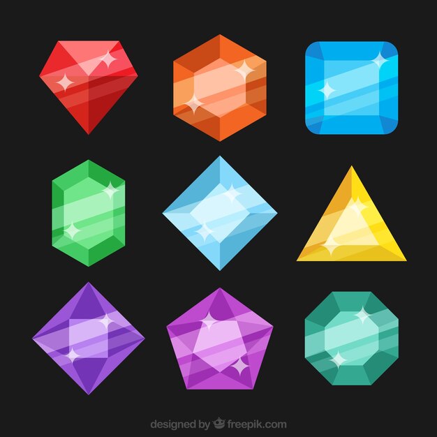 Colección de piedras de colores en diseño plano 