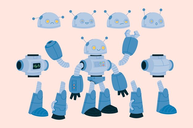 Colección de piezas de personajes de robots dibujados a mano