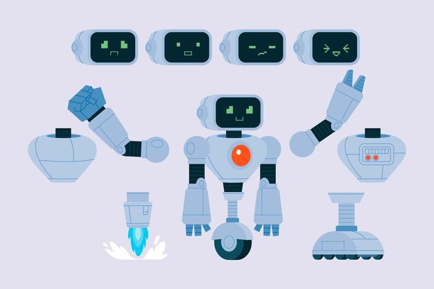 Colección de piezas de personajes de robots dibujados a mano
