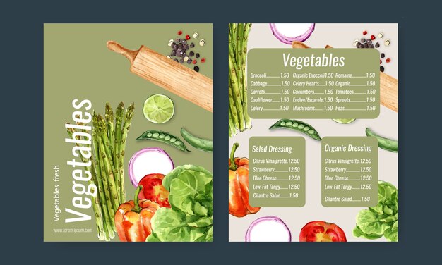 Colección de pintura de acuarela vegetal. ilustración saludable de menú orgánico de alimentos frescos