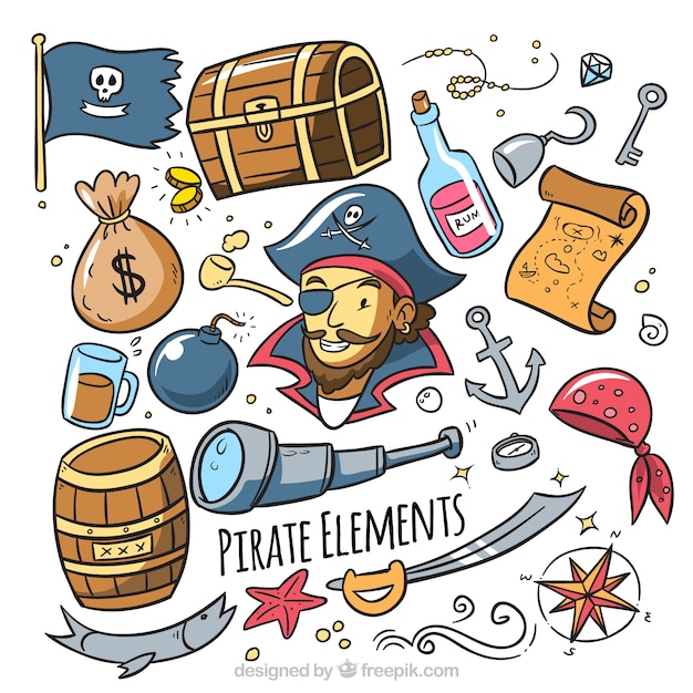 Colección de pirata con accesorios dibujados a mano 