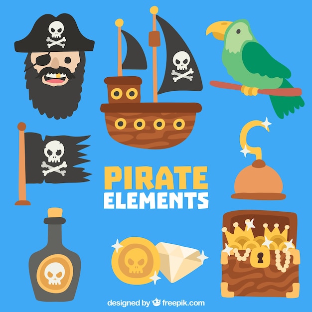 Vector gratuito colección de pirata y loro con otros objetos