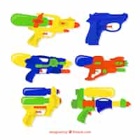 Vector gratuito colección de pistolas de agua coloridas en estilo plano