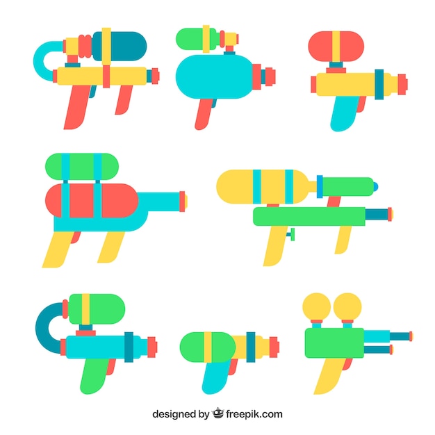 Vector gratuito colección de pistolas de agua coloridas en estilo plano