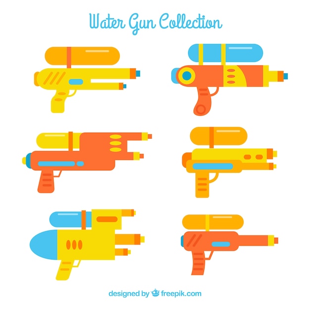 Vector gratuito colección de pistolas de agua coloridas en estilo plano