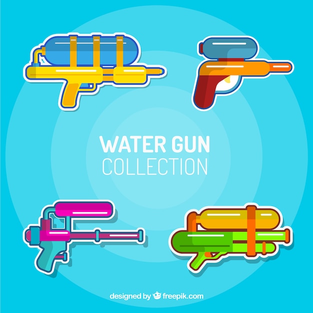 Vector gratuito colección de pistolas de agua coloridas en estilo plano