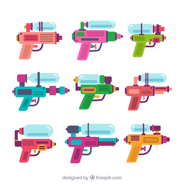 Vector gratuito colección de pistolas de agua coloridas en estilo plano