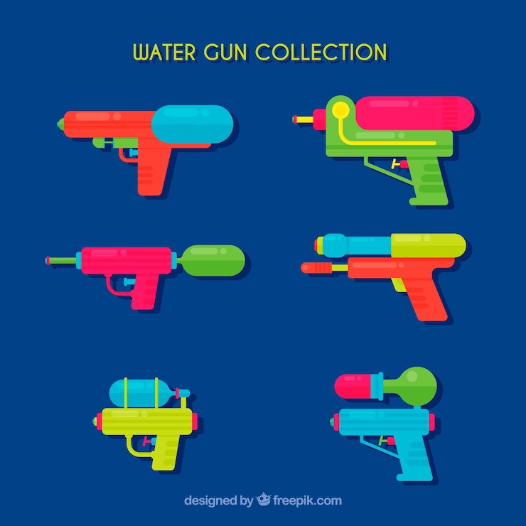 Vector gratuito colección de pistolas de agua coloridas en estilo plano