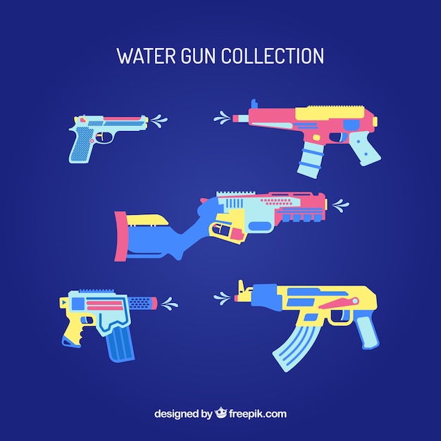 Vector gratuito colección de pistolas de agua coloridas en estilo plano