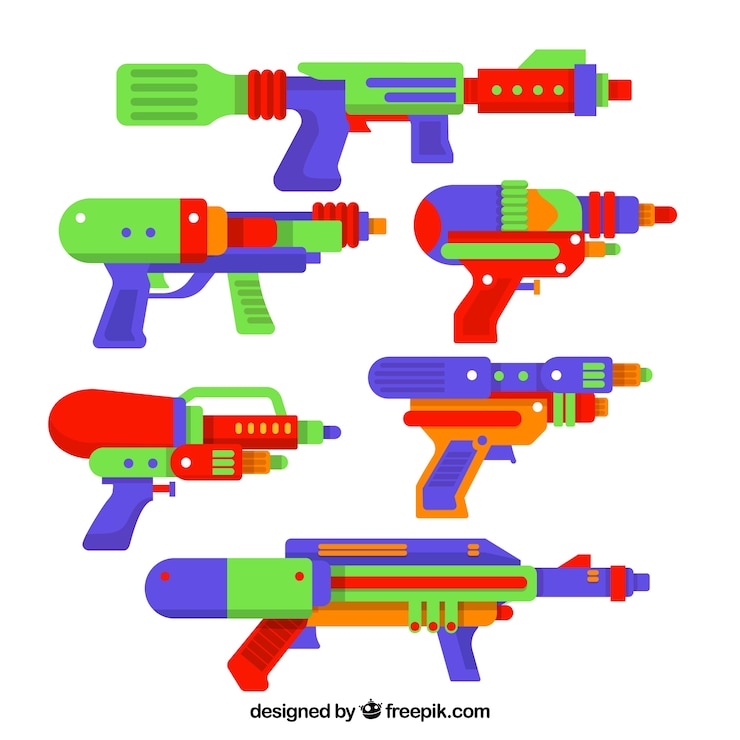 Vector gratuito colección de pistolas de agua coloridas en estilo plano