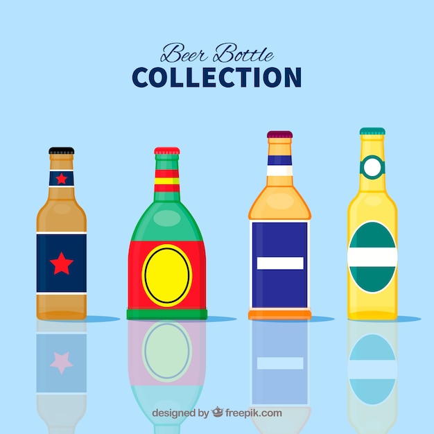 Vector gratuito colección plana de botellas de cerveza con etiqueta