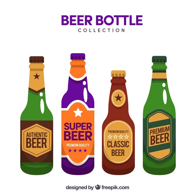 Colección plana de botellas de cerveza con etiqueta