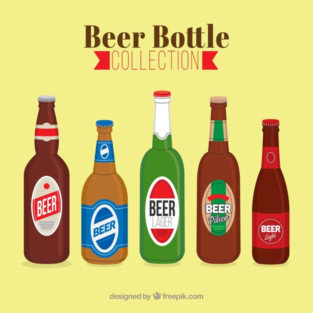Colección plana de botellas de cerveza con etiqueta