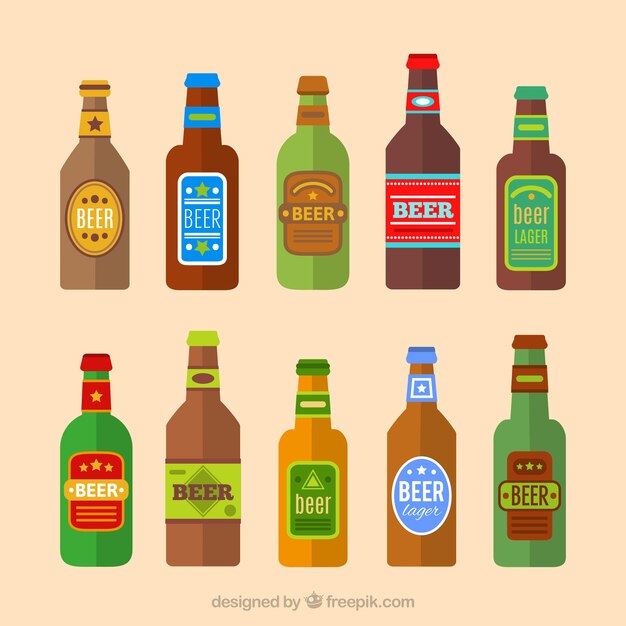 Colección plana de botellas de cerveza con etiqueta