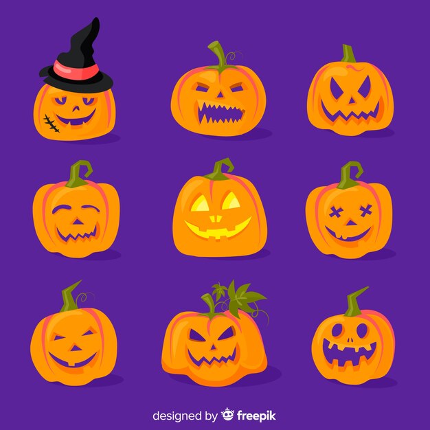 Colección plana de calabaza de halloween sobre fondo azul