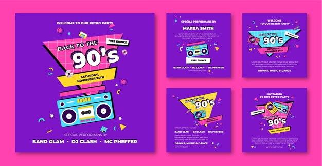 Vector gratuito colección plana colorida de publicaciones de instagram de fiesta de los 90