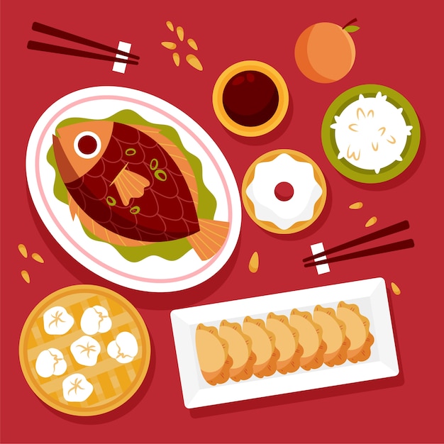 Colección plana de comida de cena de reunión de año nuevo chino