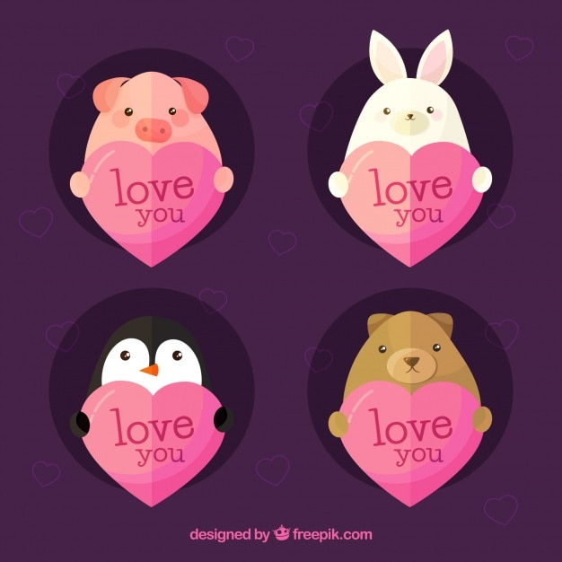 Vector gratuito colección plana de corazones con lindos animales