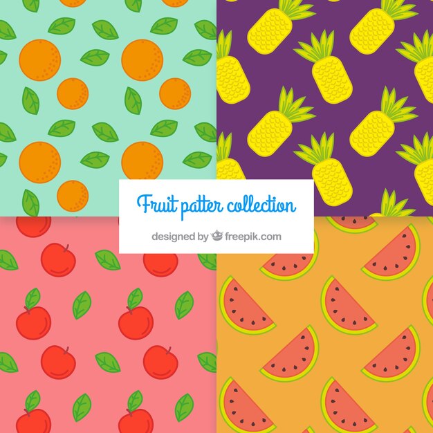Colección plana de cuatro patrones de frutas