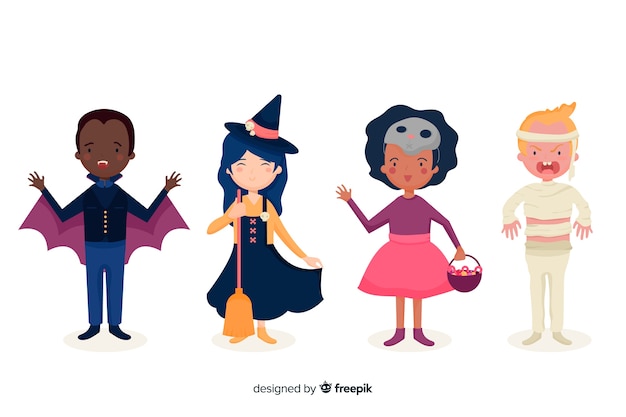 Vector gratuito colección plana de disfraces de halloween para niños