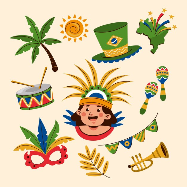 Colección plana de elementos de celebración del carnaval brasileño