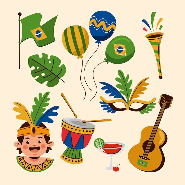 Colección plana de elementos de celebración del carnaval brasileño