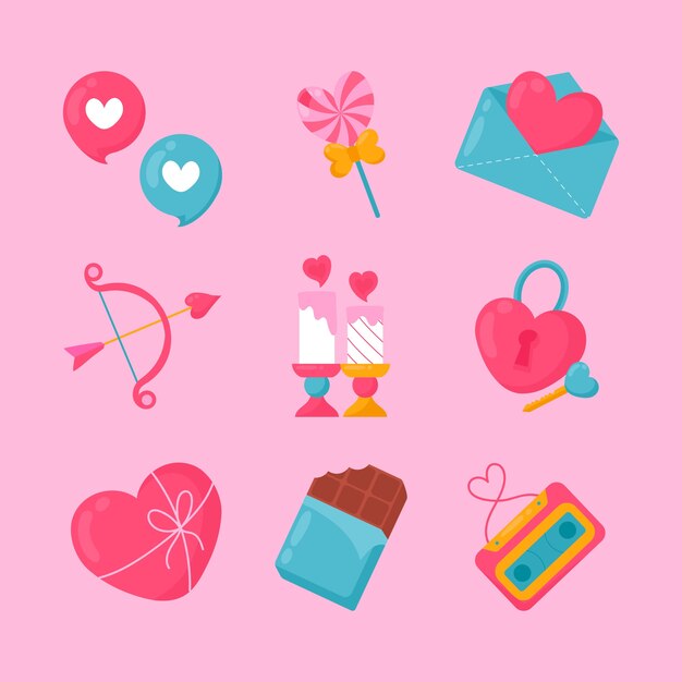 Colección plana de elementos de celebración del día de san valentín
