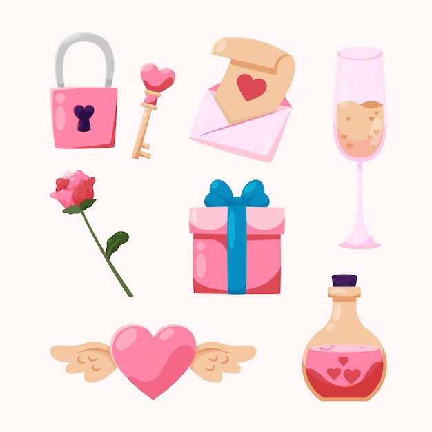 Colección plana de elementos de celebración del día de san valentín